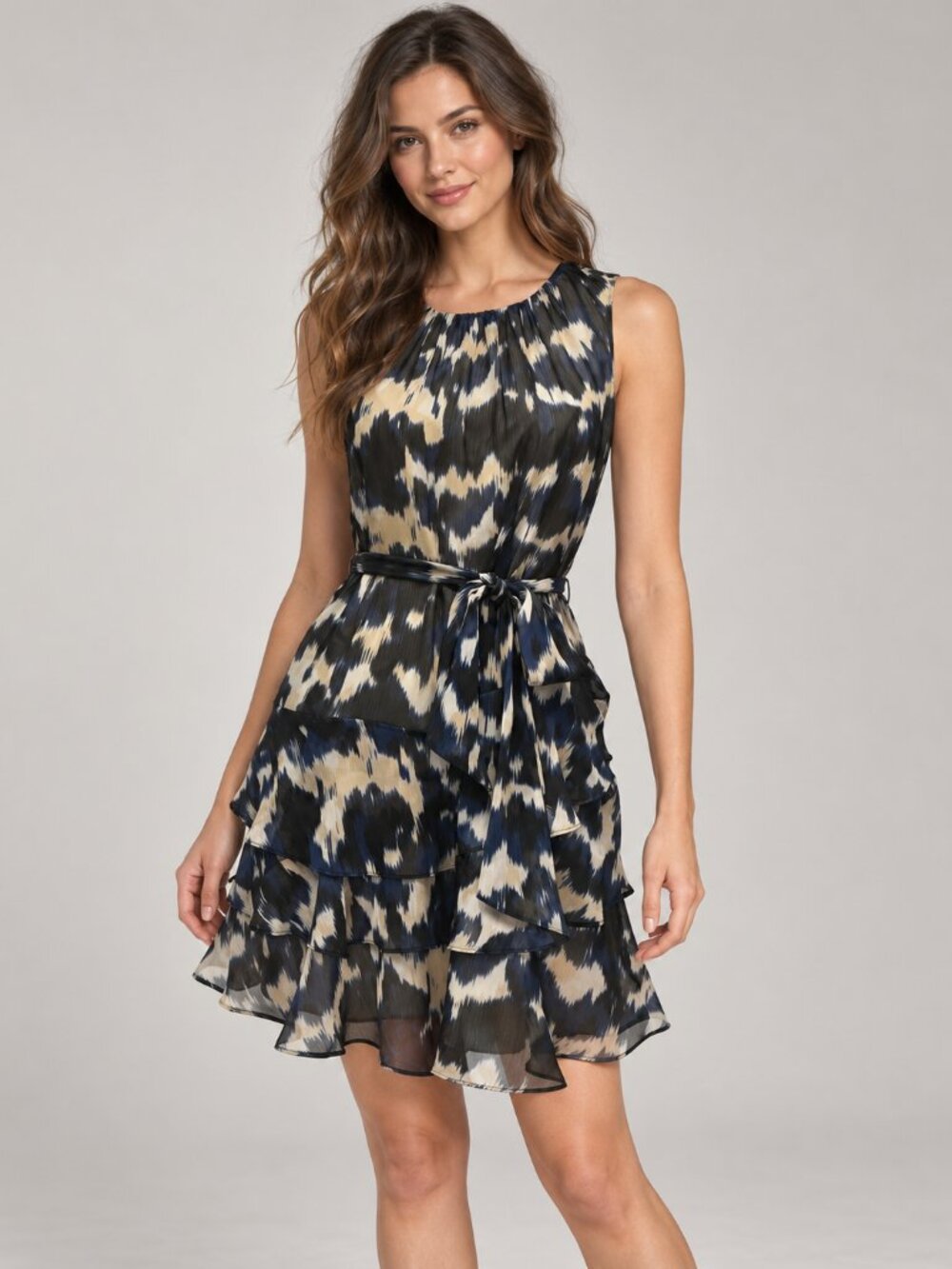 Express S Blue Tan Ikat Print Tiered Ruffle Belted Sleeveless Boho Dress